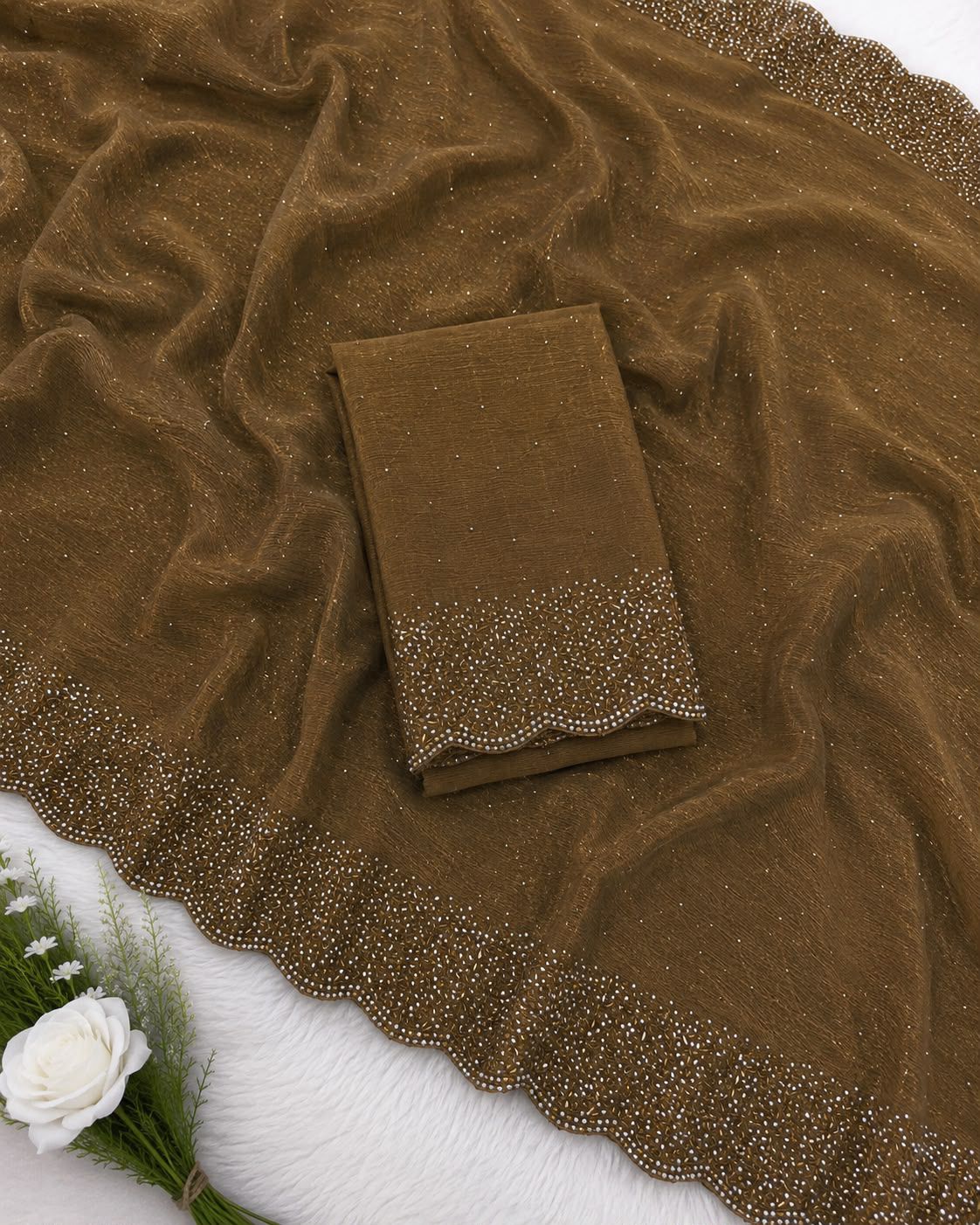 Metallic Bronze Space Silk Saree with Stonework Border (Unstitched Blouse)
