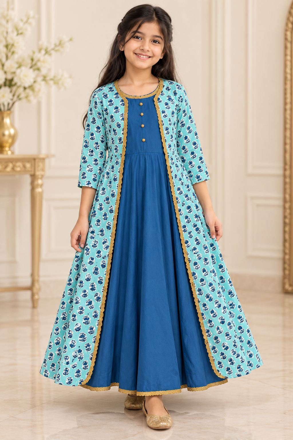 Blue Sleeveless Top with Overcoat - Girls Ethnic Wear