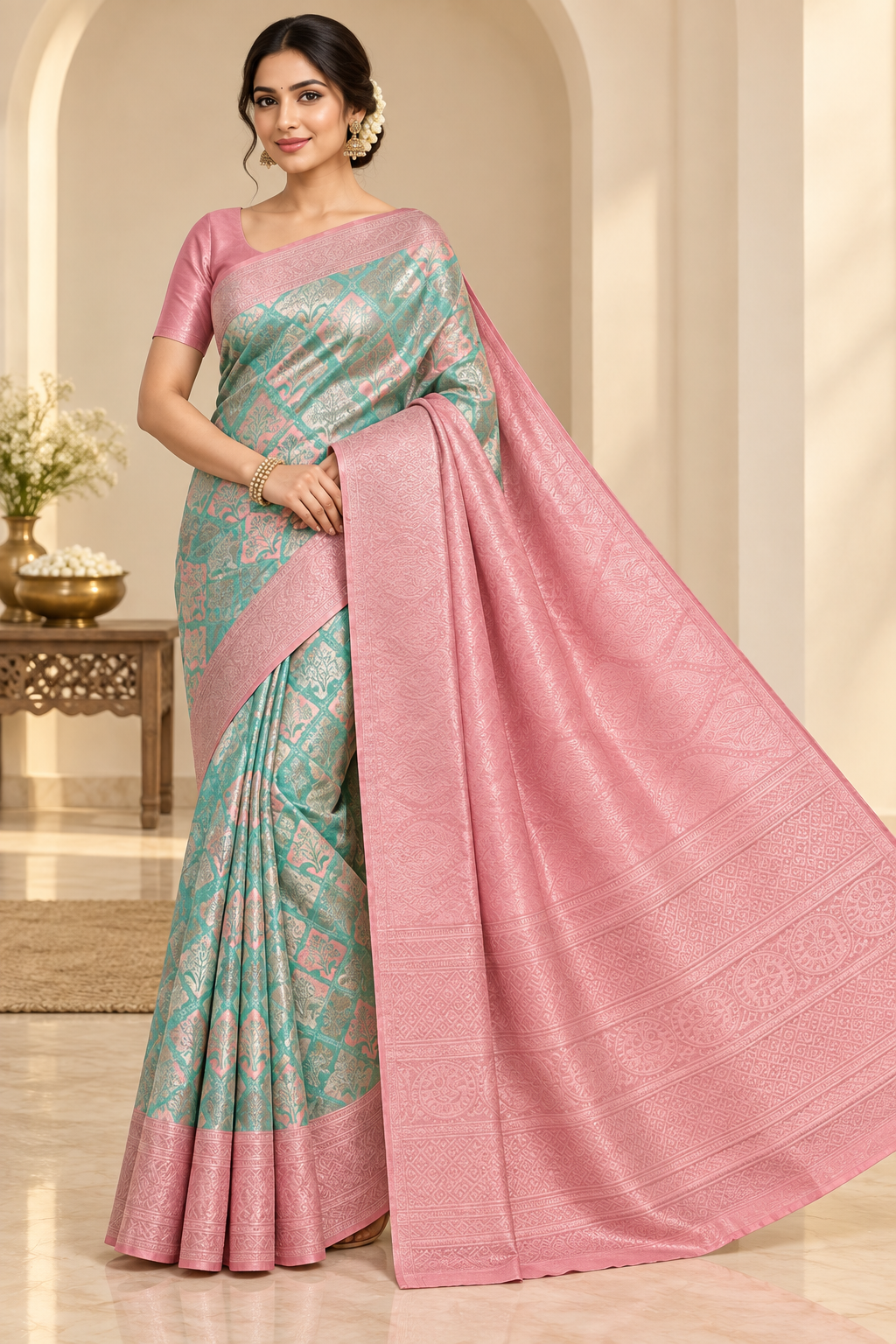 Pastel Green and Peach Pink Semi Soft Silk Saree (Unstitched Blouse)