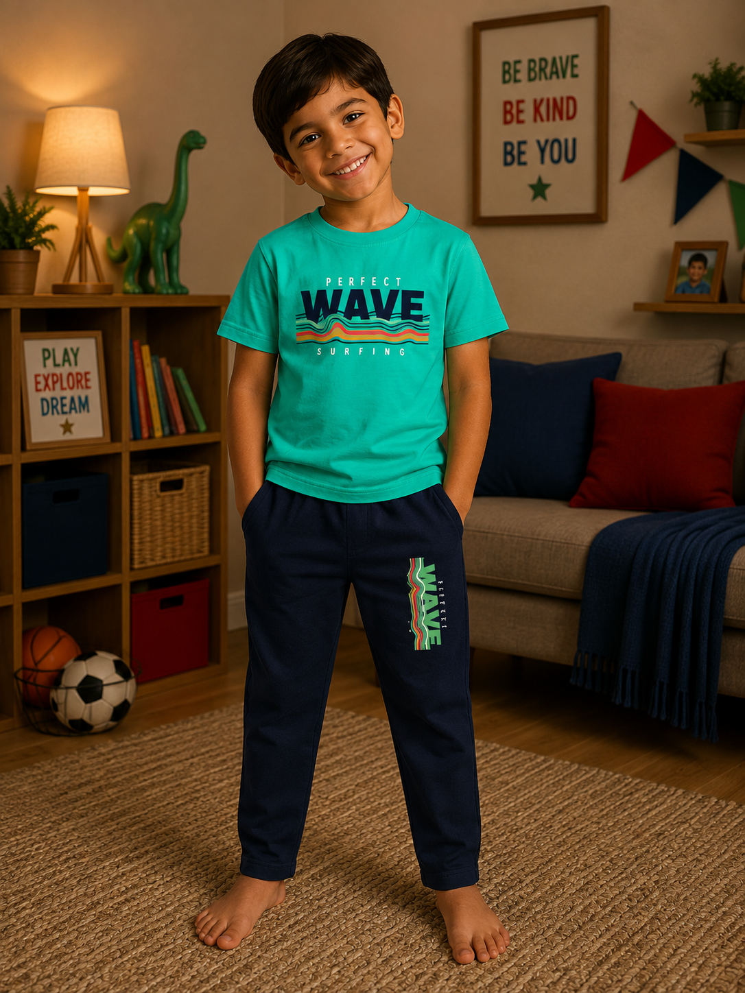 Green Printed T-Shirt with Navy Blue Pants Set