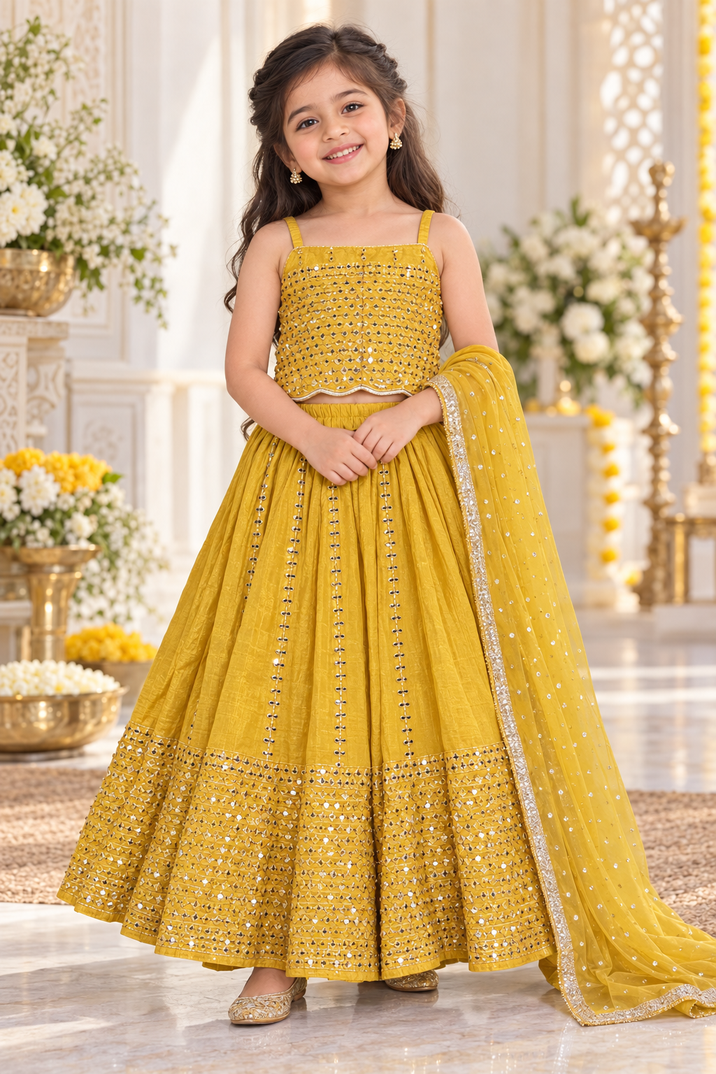 Mustard Yellow Heavy Lehenga with Mirror Work Details - Girls Ethnic Wear