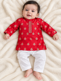 Red and White Printed Cotton Kurta Set - Boys Ethnic Wear
