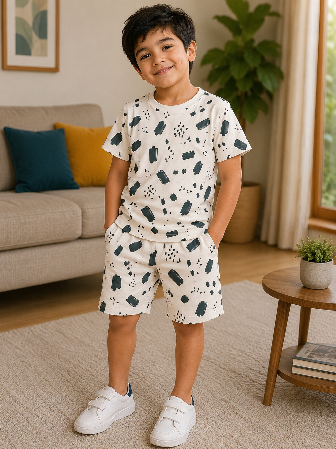 Beige Spotted T-Shirt and Shorts Set