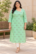 Green Printed Raw Silk Kurti