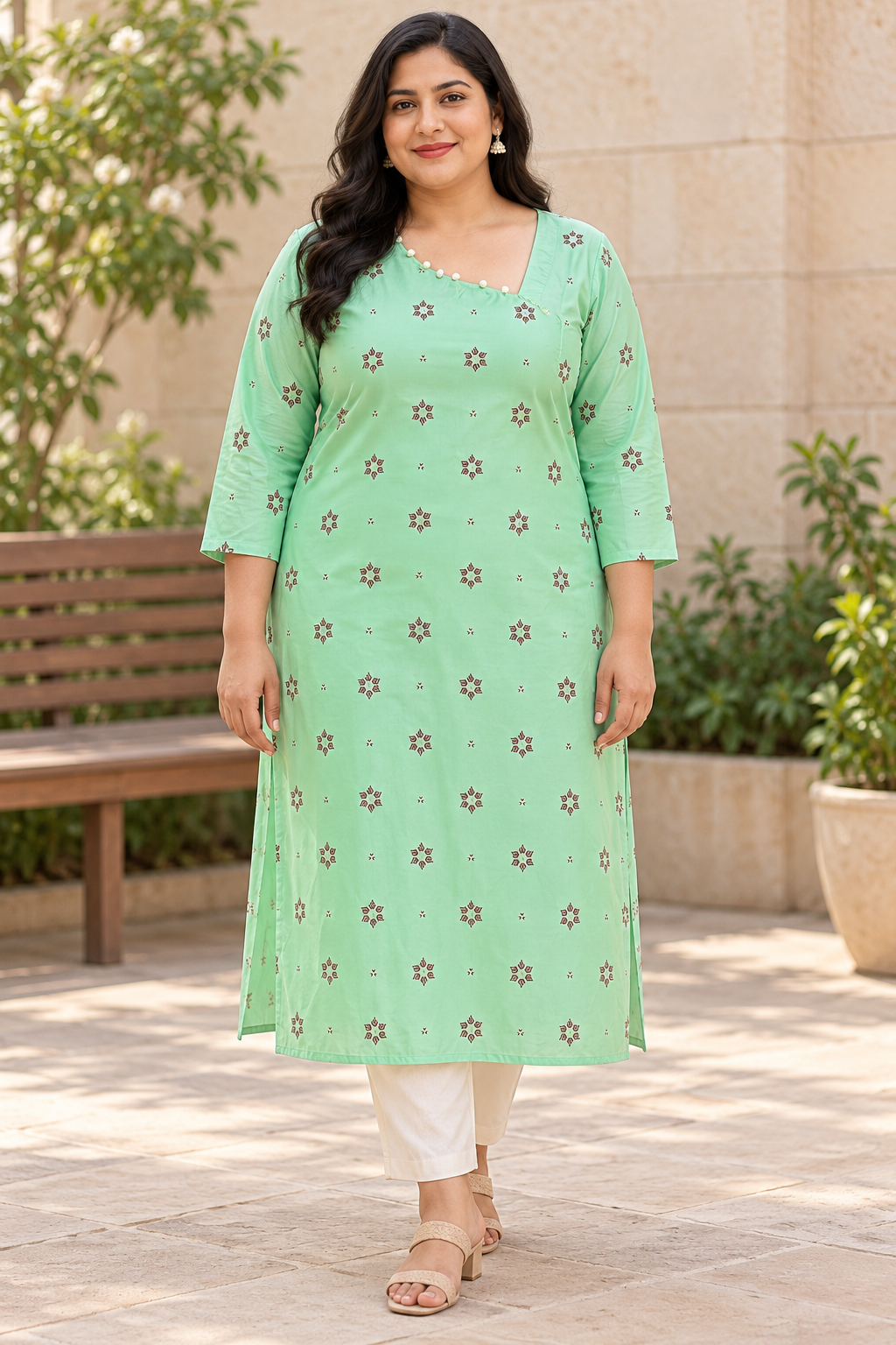 Green Printed Raw Silk Kurti