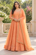 Orange Raw Silk Maxi with Heavy Flare and Embroidered Shawl