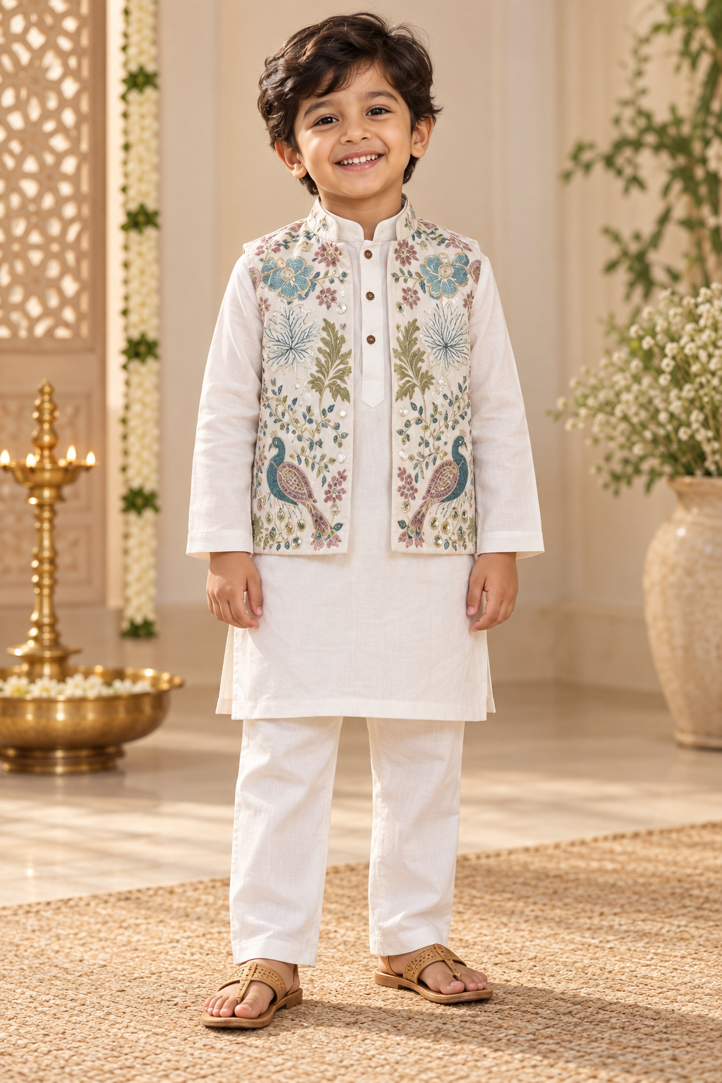 White Boys Ethnic Wear Set with Embroidered Overcoat