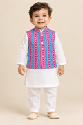 White Kurta with Striped Overcoat (Kurta only, Pant Not Included) -  Boys Ethnic Wear