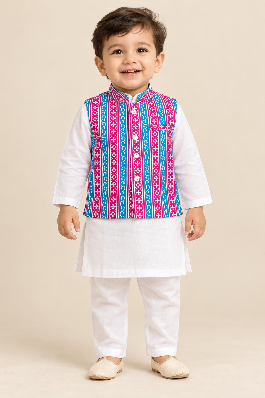 White Kurta with Striped Overcoat (Kurta only, Pant Not Included) -  Boys Ethnic Wear