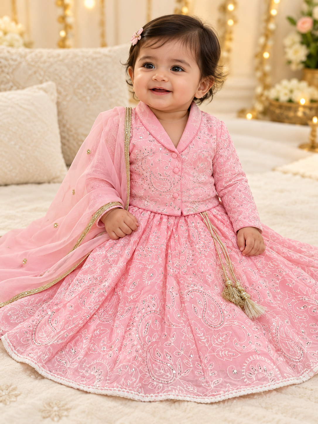 Pastel Pink Collar Crop Top with Embroidered Lehenga - Girls Ethnic Wear