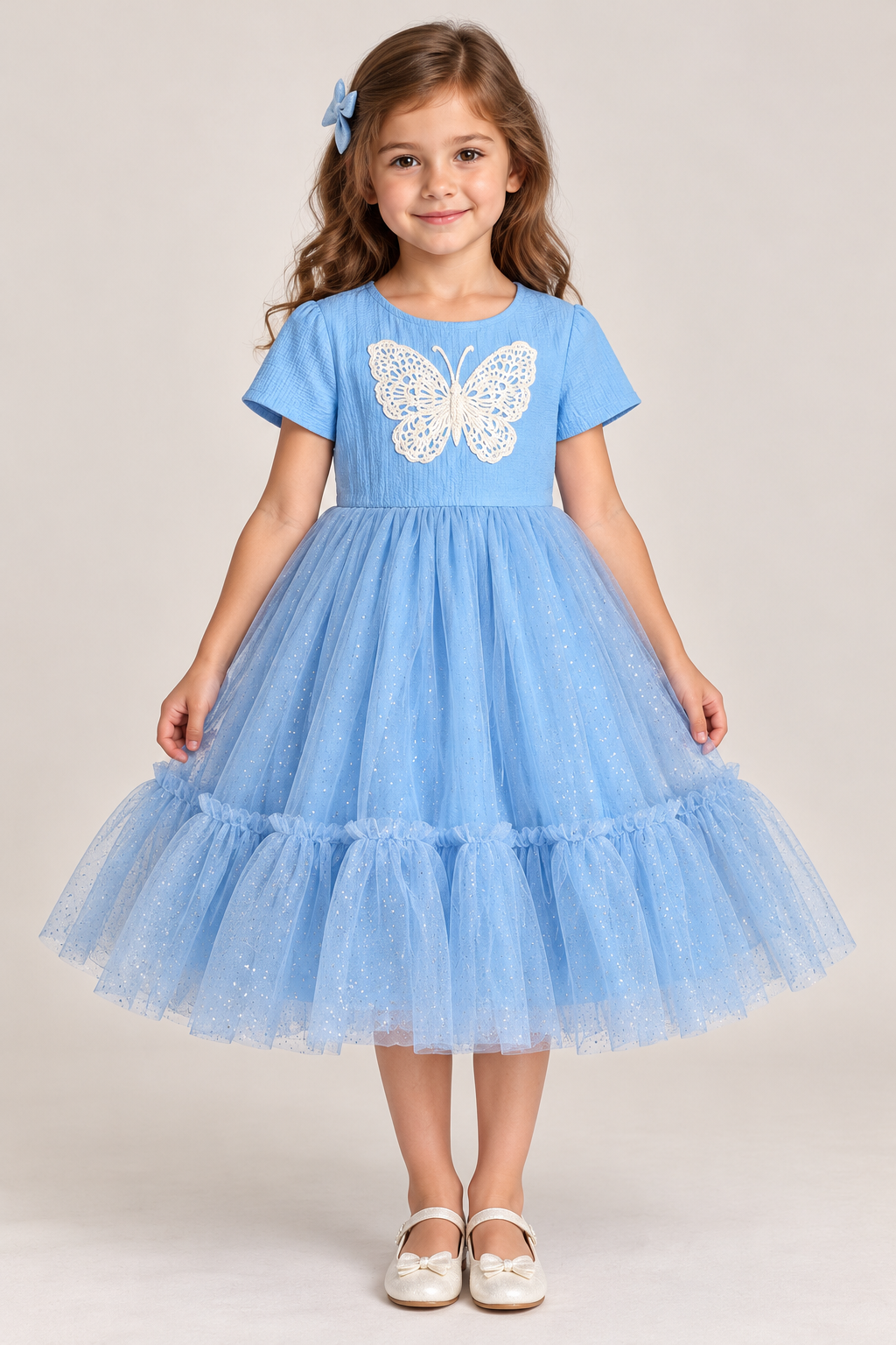 Blue Heavy Flared Butterly Printed Party Wear Dress
