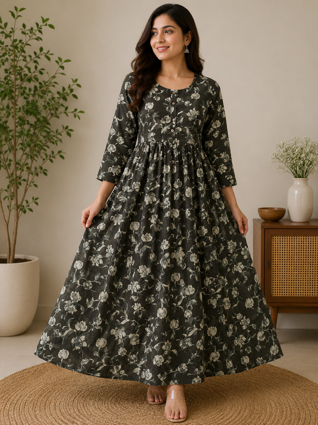 Charcoal Floral Anarkali Dress