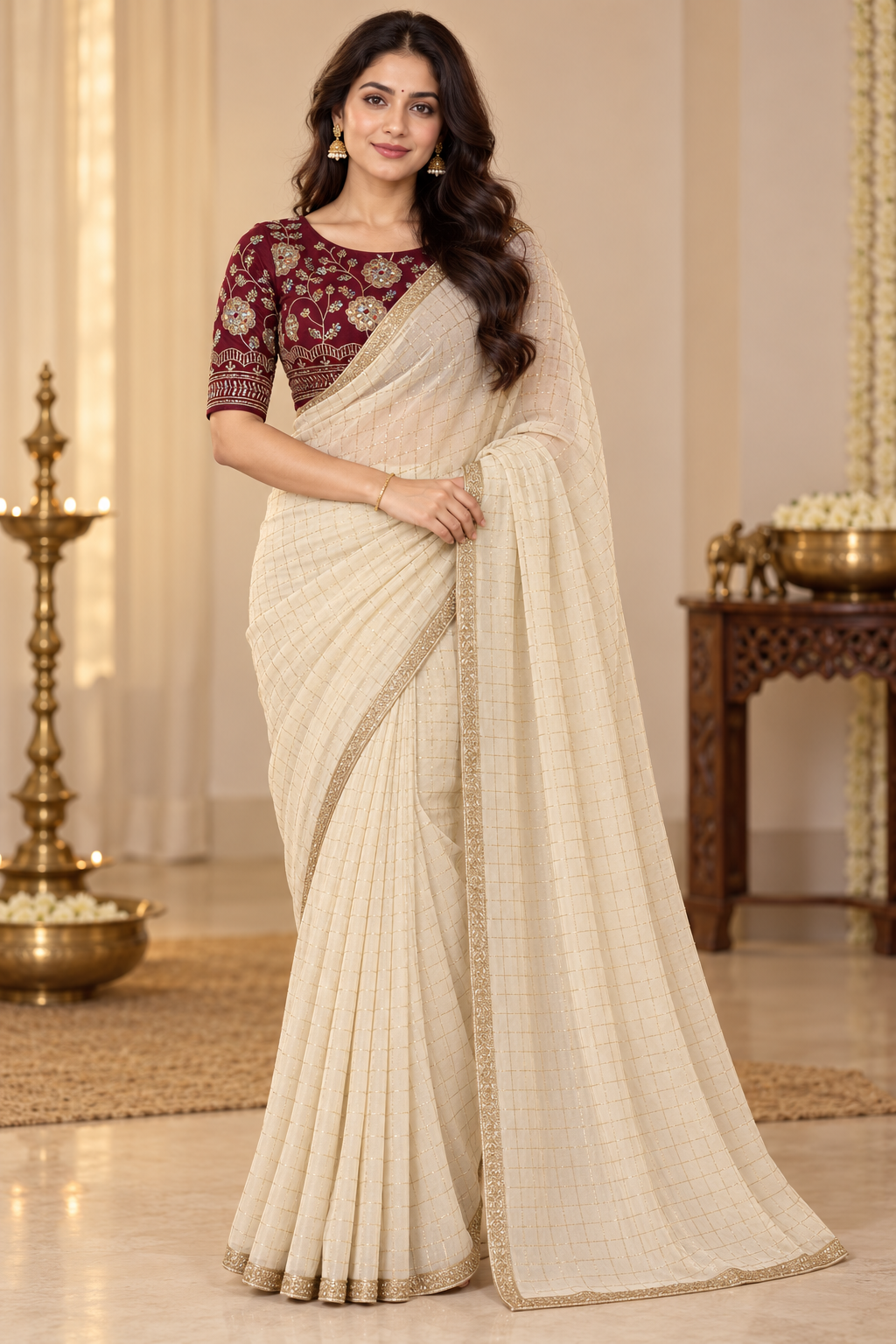 Elegant Beige Checked Saree with Embroidered Golden Border and Maroon Embroidered Blouse