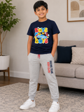 Dark Blue Printed T-Shirt and Grey Pants Set