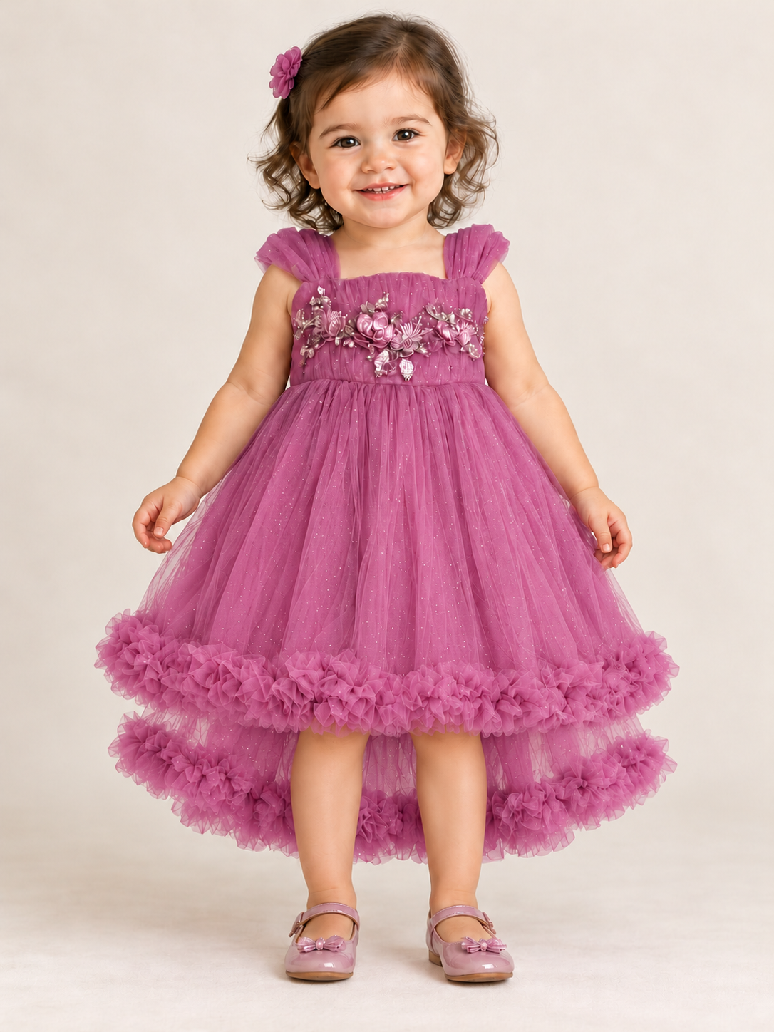 Onion Pink Heavy Frilled Party Wear
