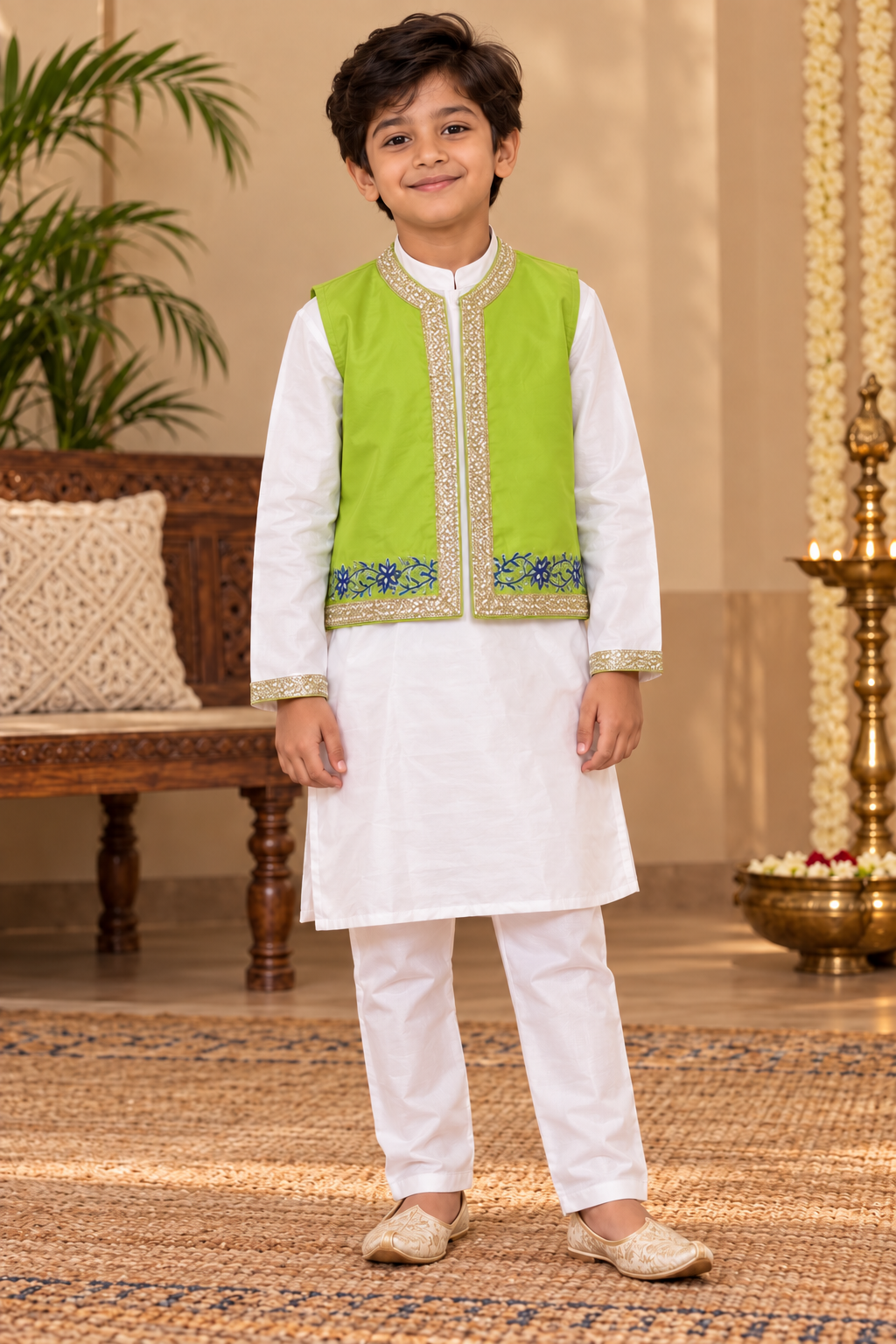White Kurta and Pant with Bright Green Embroidered Overcoat - Boys Ethnic Wear