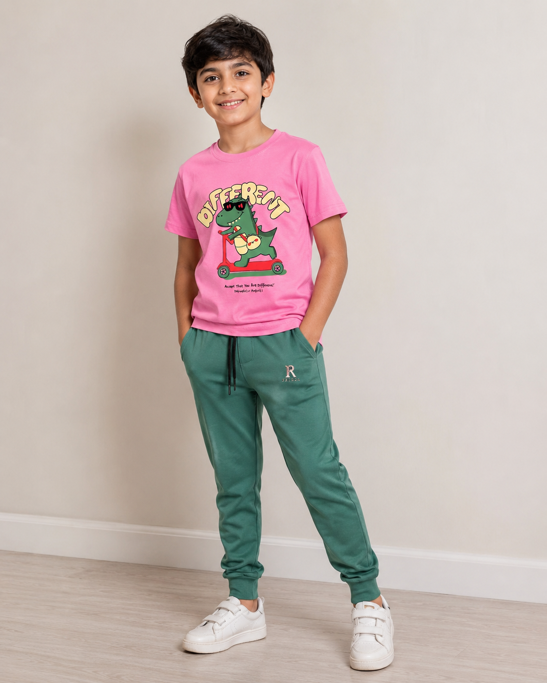 Pink Printed T-Shirt and Green Pants