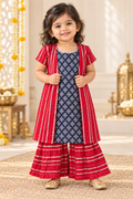 Red and Blue Sharara Set with Overcoat - Girls Ethnic Wear