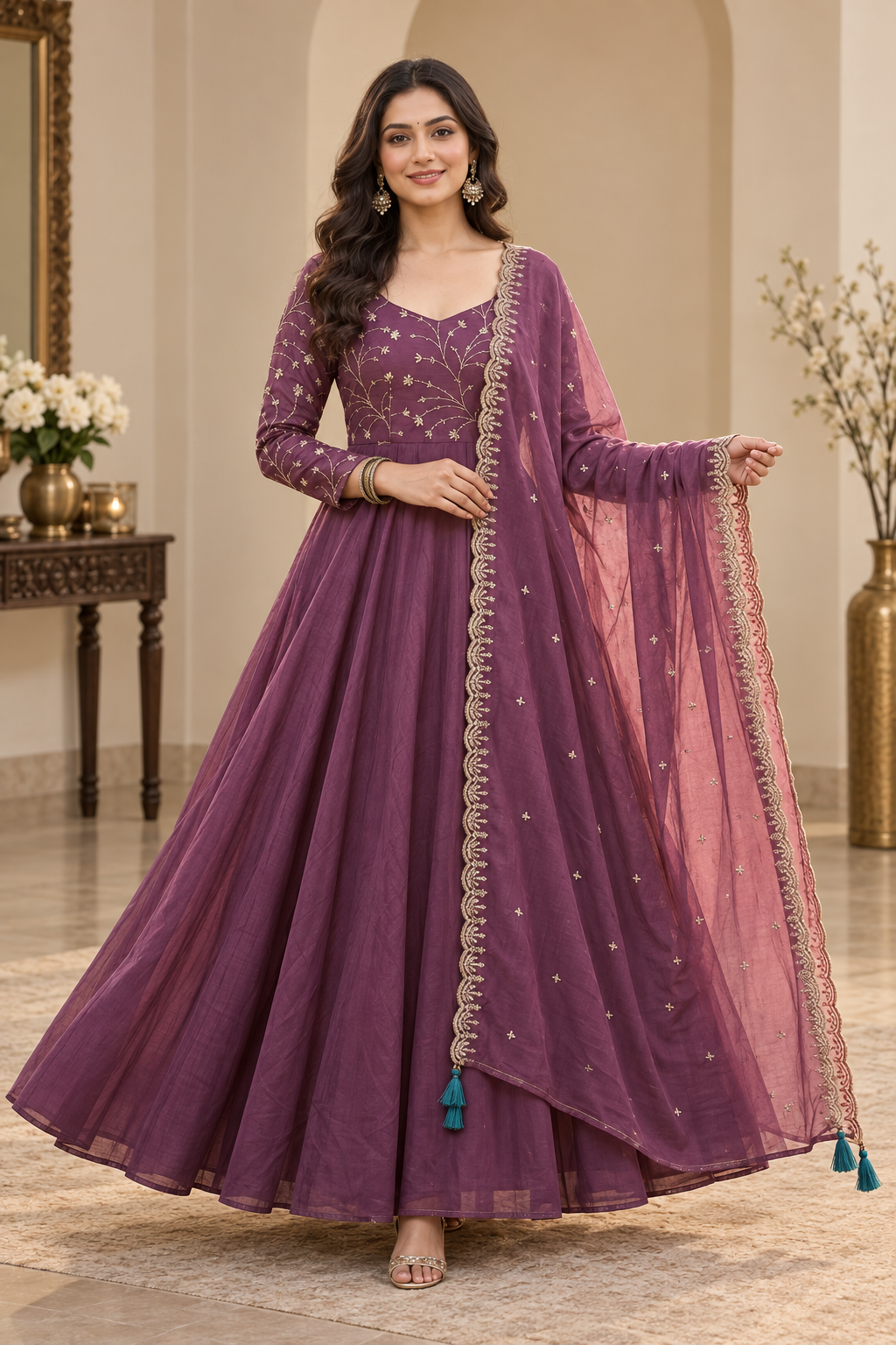 Wine Colored Embroidered Maxi with Embroidered Shawl