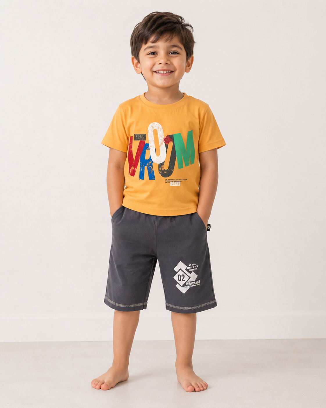 Orange Printed T-Shirt and Grey Shorts