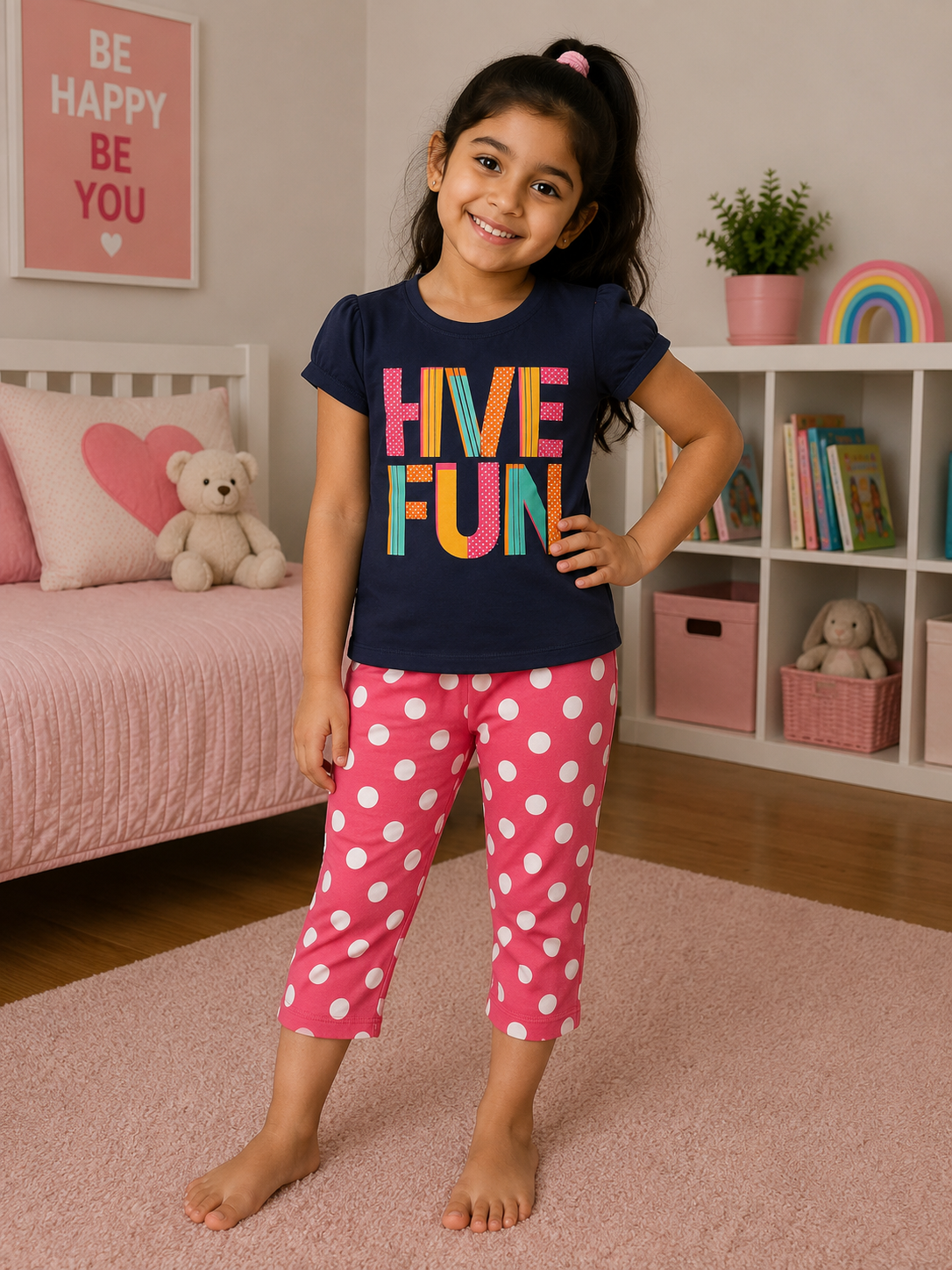 Navy Printed T-Shirt and Pink Polka Dot Capri