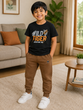 Black Printed T-Shirt and Brown Pants