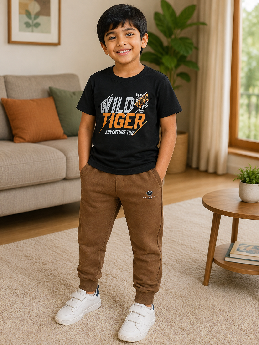 Black Printed T-Shirt and Brown Pants