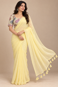 Pastel Yellow Chiffon Saree with Sequin Embroidered Blouse (Unstitched)