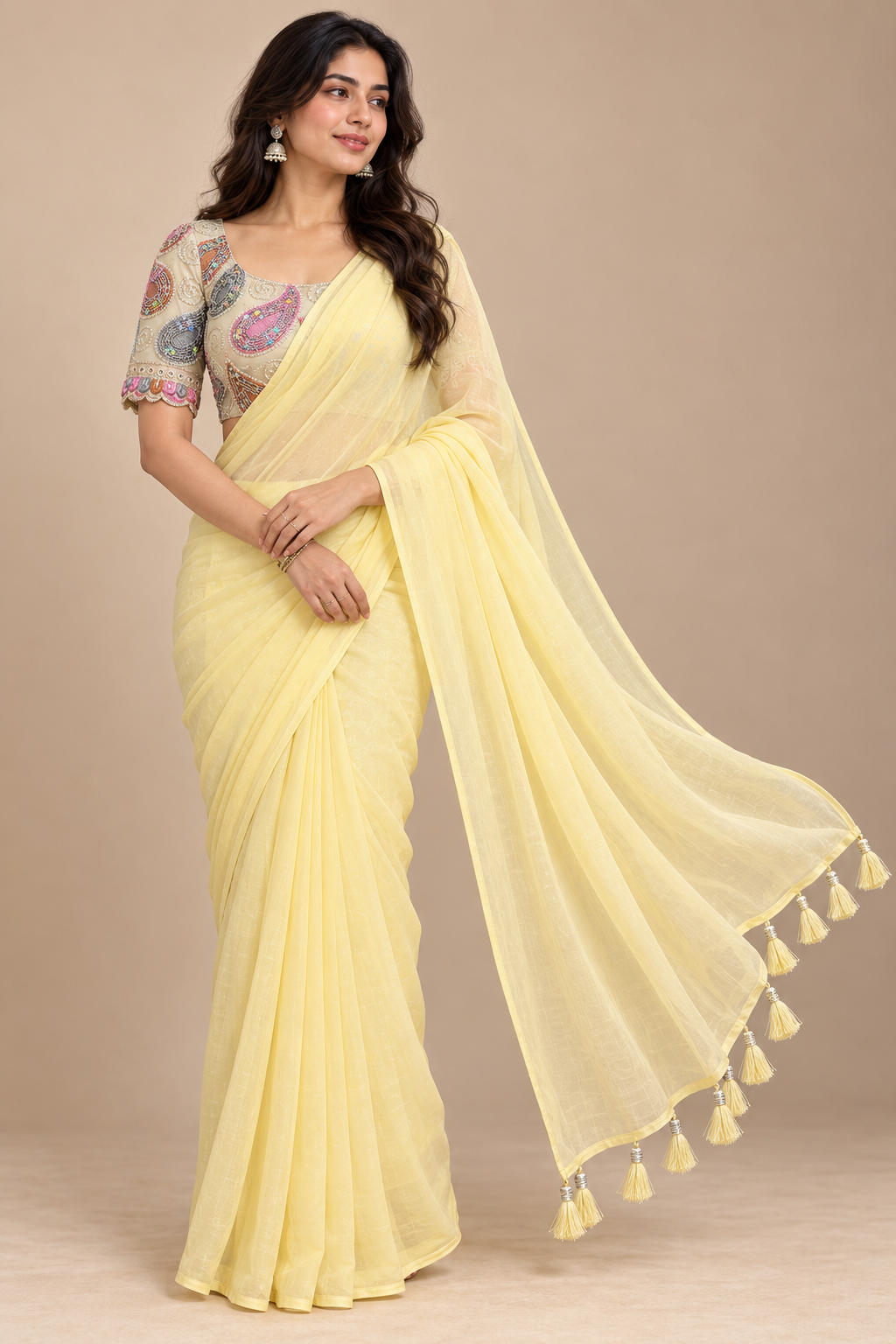 Pastel Yellow Chiffon Saree with Sequin Embroidered Blouse (Unstitched)