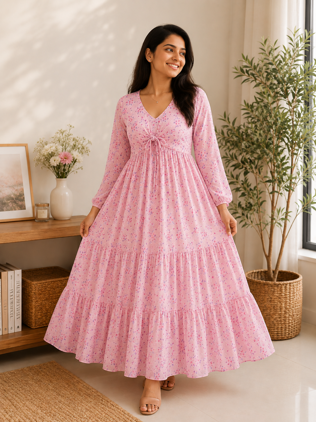 Pink Floral 2-Piece Maxi Dress with Sleeveless Gown & 3/4 Sleeve Shrug