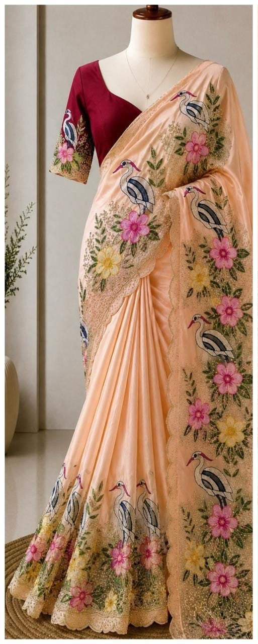 Peach Saree With Heavy Embroidery