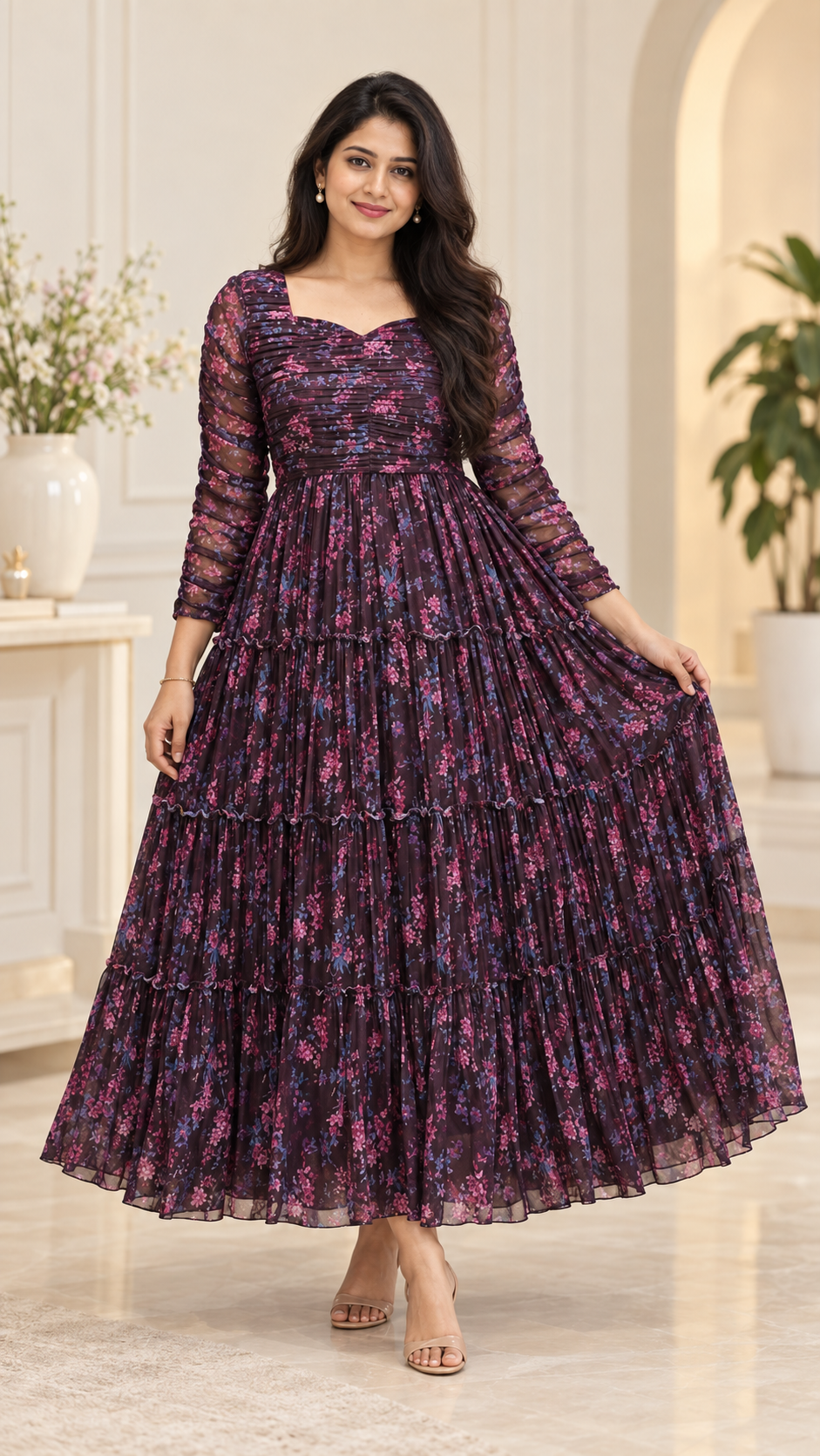 Wine Colored Three Tiered Heavy Flared Maxi