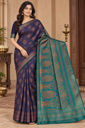 Navy Blue and Teal Zari Design Semi Silk Saree