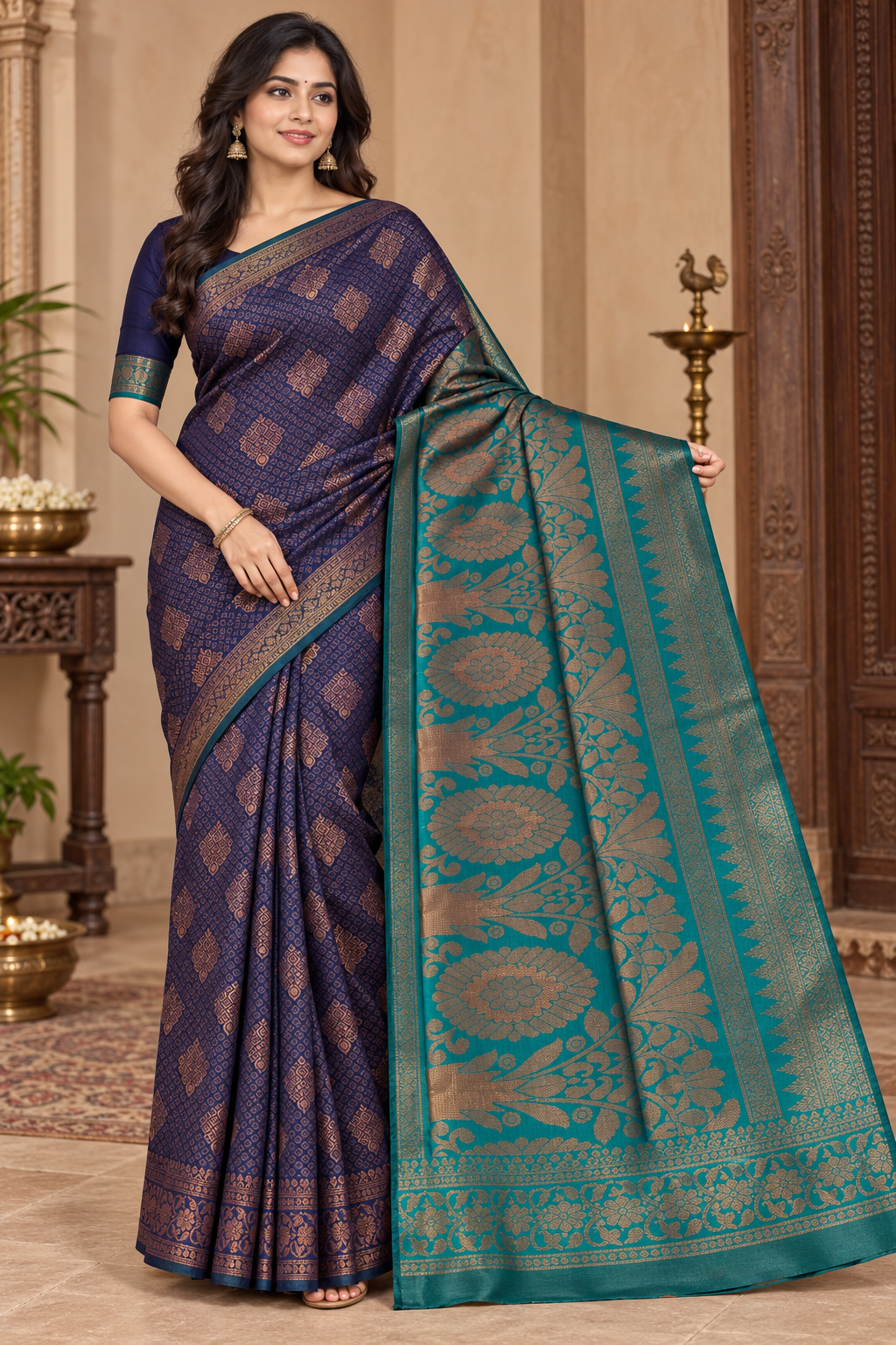 Navy Blue and Teal Zari Design Semi Silk Saree