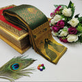 Green and Golden Yellow Zari Work Saree with Peacock Border