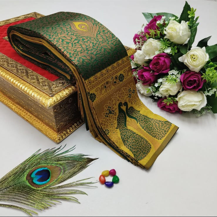 Green and Golden Yellow Zari Work Saree with Peacock Border