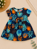 Blue Leaf Printed Casual Dress