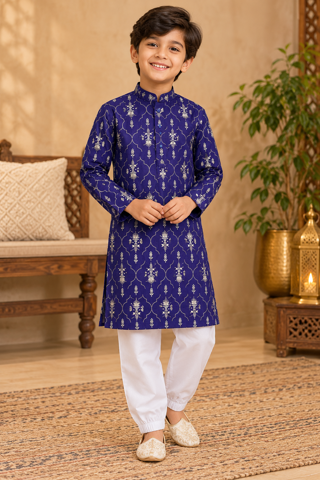 Deep Blue Printed Kurta and White Pants - Boys Ethnic Wear