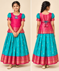 Red and Blue Pattu Pavadai / Lehenga - Girls Ethnic Wear