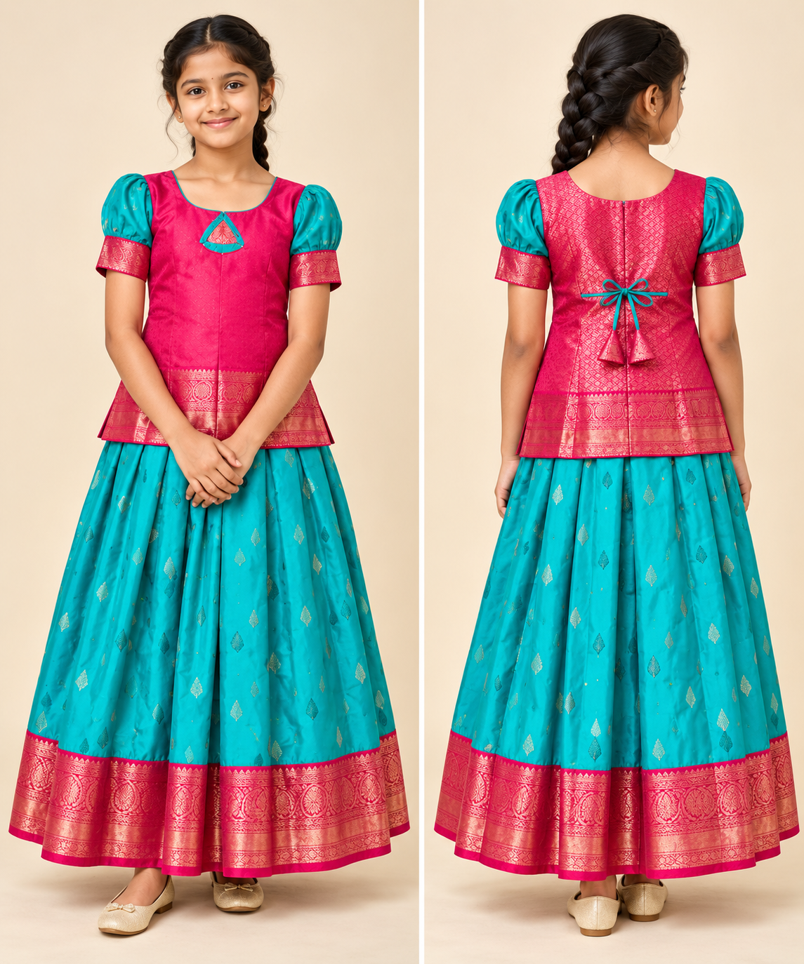 Red and Blue Pattu Pavadai / Lehenga - Girls Ethnic Wear