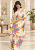 Beige Printed Linen Cotton Saree (Unstitched Blouse)