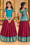 Maroon and Blue Pavadai / Lehenga - Girls Ethnic Wear