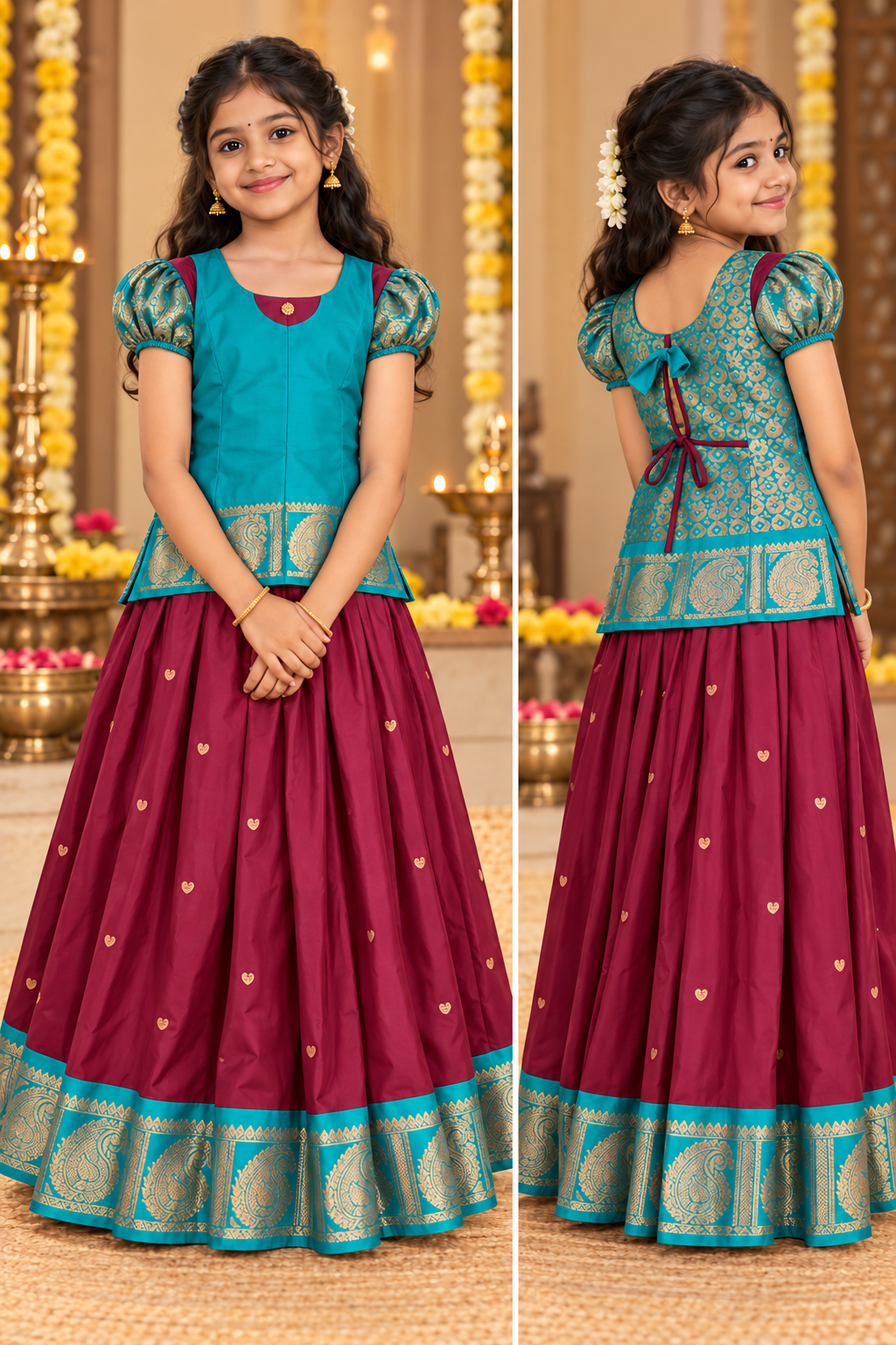 Maroon and Blue Pavadai / Lehenga - Girls Ethnic Wear