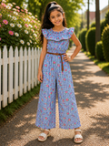 Blue Checked Full Length Jumpsuit with Waist Belt