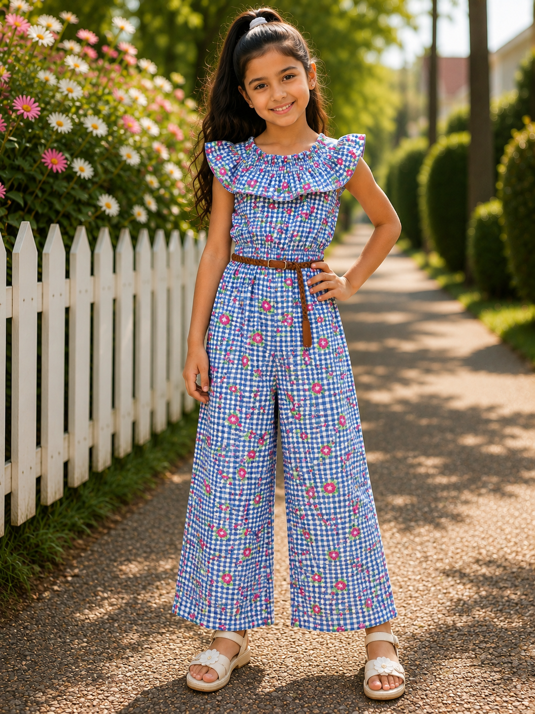 Blue Checked Full Length Jumpsuit with Waist Belt