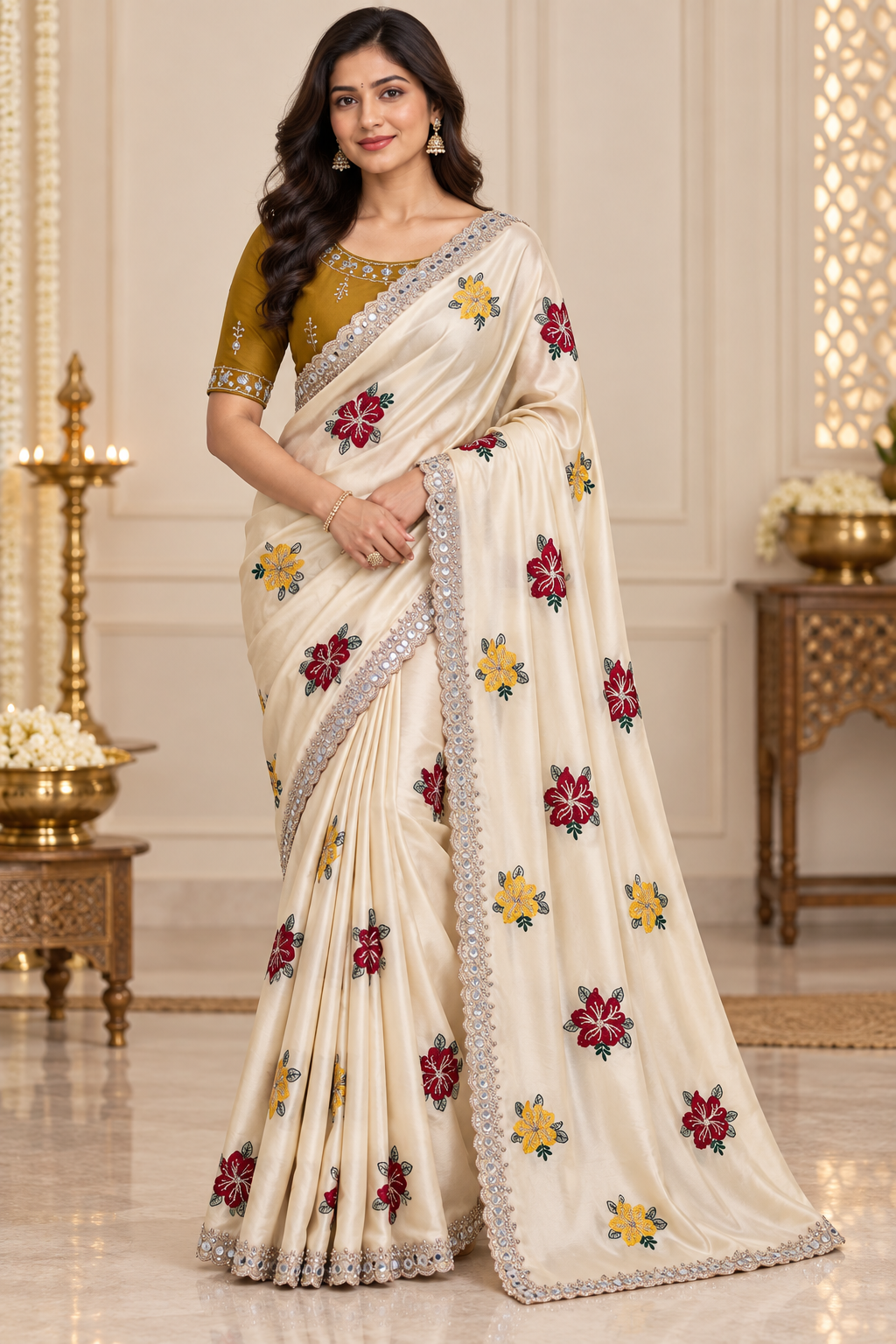 Beige Saree with Floral Embroidery and Mirror Work Border with Heavy Worked Mustard Blouse (Blouse Unstitched)