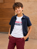 White Printed T-Shirt with Dark Blue Shirt