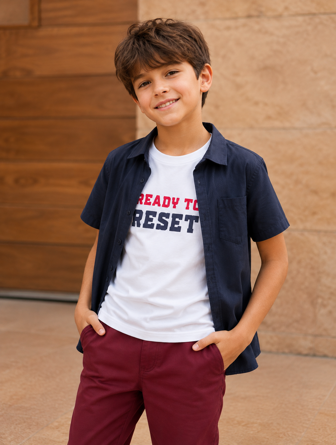 White Printed T-Shirt with Dark Blue Shirt