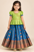 Green and Blue Pattu Pavadai / Lehenga - Girls Ethnic Wear