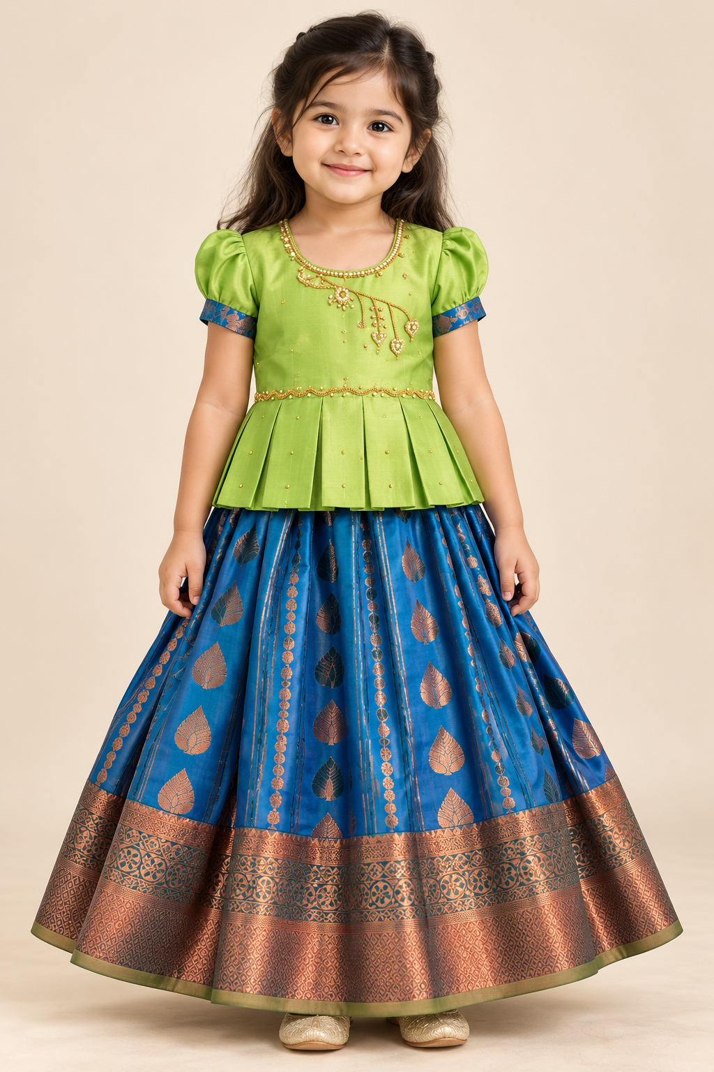 Green and Blue Pattu Pavadai / Lehenga - Girls Ethnic Wear